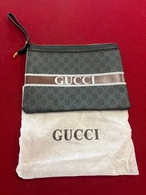 Gucci Black GG Monogram Wristlet with Black Stripe and White Logo